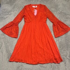 Southern Fried Chics Babydoll Dress Women's XS Red Bell Sleeves Floral Lace Boho